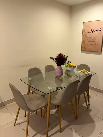 Glass Top Dining Table with 4 Velvet Chairs (Gold Legs) - Good Condition
