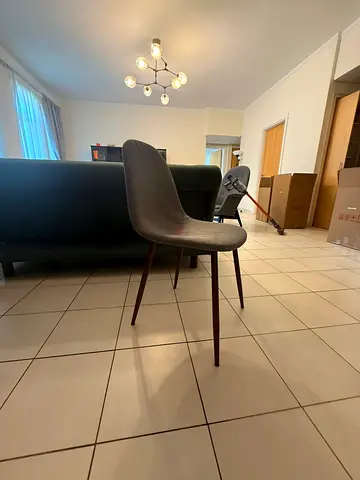 Modern grey dining chair with fabric seat and metal legs. 4 for 200