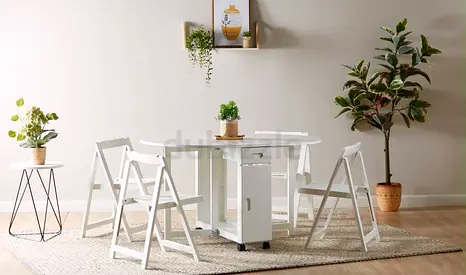 White Folding Dining Table with 4 Folding Chairs — Compact Set