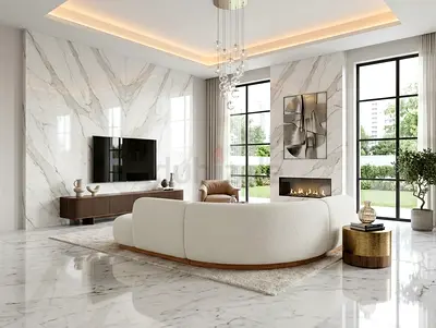 Modern curved white sofa with marble living room set — used in pristine condition