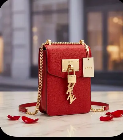 Authentic DKNY Red Leather Crossbody Phone Bag with Gold Chain