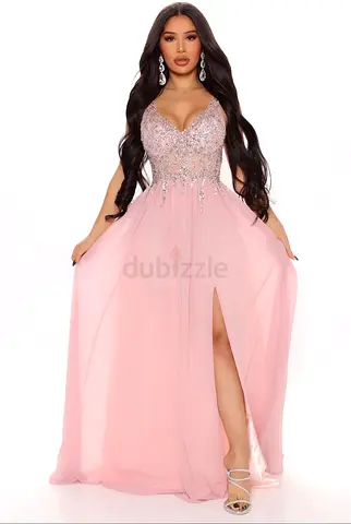 Pink embellished evening gown with thigh slit from Fashion Nova - Large Size