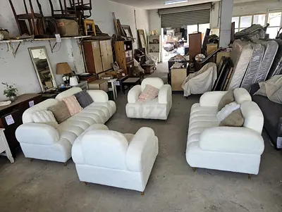 Set of 3-Seater Sofa + Armchairs in Cream Bouclé - Good Condition