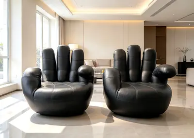 Pair of Unique Black Leather Hand-Shaped Lounge Chairs