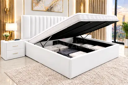 White Upholstered Ottoman king Bed with Hydraulic bed Lift - king size bed hydraulic storage bed