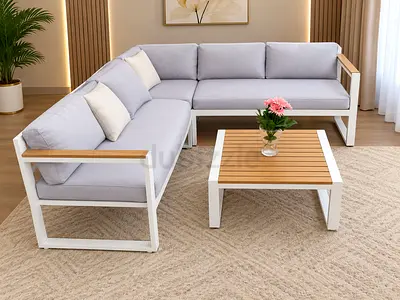 L-shaped Outdoor/Indoor Sofa Set with Coffee Table - Light Grey Cushions
