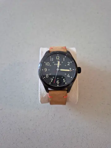 Men's black field watch with tan leather strap - casual everyday