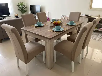 6-seater dining table with cushioned chairs - good condition