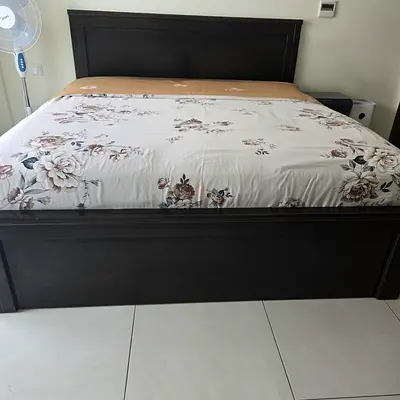 Dark Wood Queen Bed Frame with Headboard - Only Bedframe No Mattress
