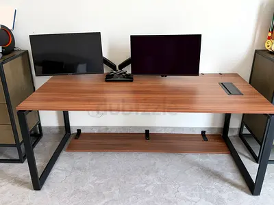 Modern Wood and Black Metal Office Desk with Matching Storage Cabinet