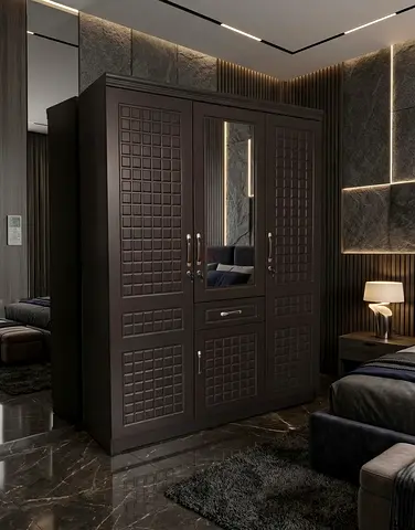 Dark Brown 3-Door Wardrobe with Mirror - Solid Storage Cabinet
