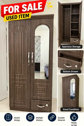 2-Door Wardrobe with Mirror and Drawer - Good Condition