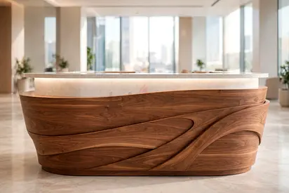Zevrin Reception Desk Dubai, Curved Reception Desk, Walnut Reception Counter – Overture