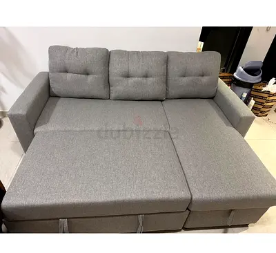 Grey Fabric Sofa Bed with Storage - Convertible Left Chaise