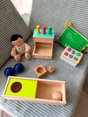 Wooden Montessori-style baby development toy set - gently used