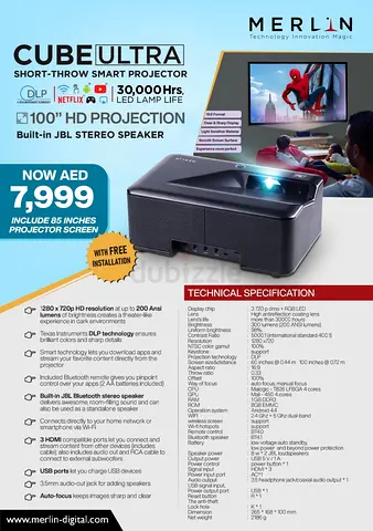 Merlin Cube Ultra Short Throw Smart Projector - 2000 Lumens, JBL Stereo