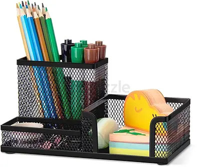 Black Metal Mesh Desk Organizer - Pen Holder & Sticky Note Tray