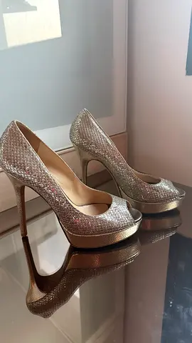 Jimmy Choo Silver Glitter Peep-Toe Platform Stiletto Heels - size 38