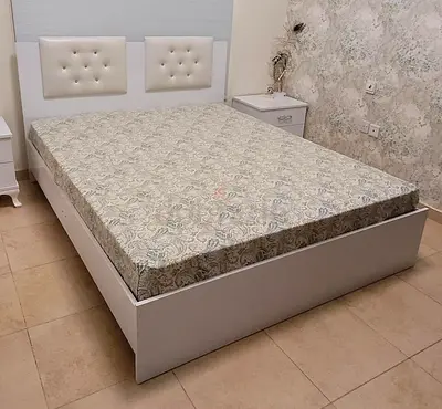 White Queen Bed Frame with Headboard and Mattress