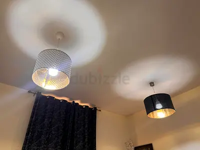 Pair of Modern Pendant Ceiling Lamps - Black & White Drum Shades