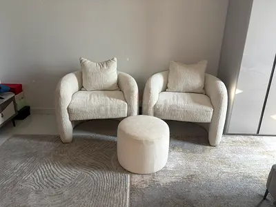 Set of 2 Luxury Cream Bouclé Accent Chairs + Round Ottoman