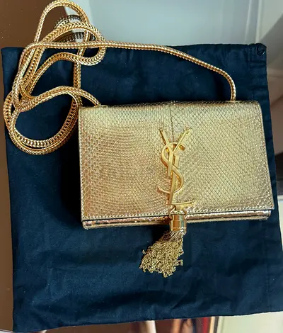 Saint Laurent Kate Metallic Gold Python-Embossed Tassel Bag