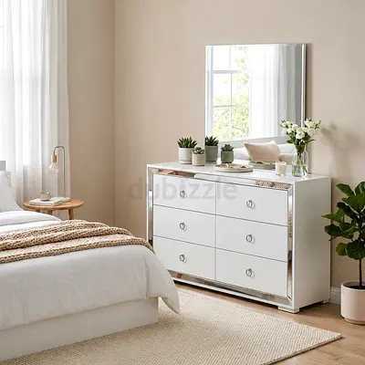 Modern White 6-Drawer Dresser with Mirror & 2 Nightstands - Bought for 1657 AED from Danube Home