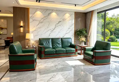Green Leather 3-Seater Sofa with Matching Armchairs and Side Tables - Solid Wood Trim