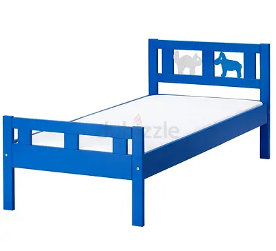 Blue wooden toddler/kids bed with animal cutout headboard — good condition