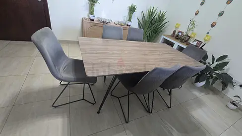 Wooden Dining Table with 6 Grey Upholstered Chairs - Good Condition