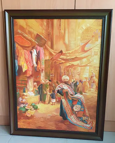 Framed Oriental Bazaar Scene Painting with Carpet Merchant