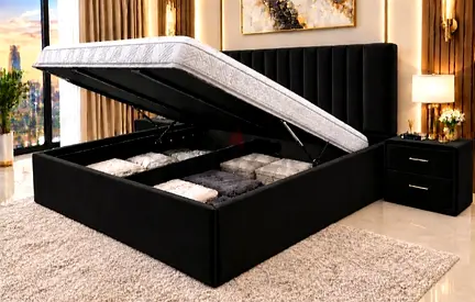 Black Fabric Ottoman Storage Bed with Headboard - King Size 180/200 cm