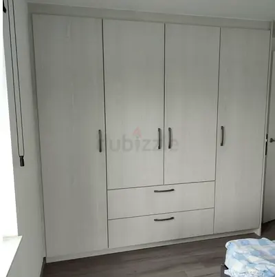 Light wood 5-door built-in wardrobe with drawers