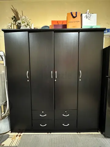 Dark Wood 4-Door Wardrobe with Drawers - Good Condition