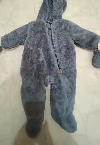 Gray Fleece Baby Snowsuit with Hood and Mittens - Size 6-9/9-12m