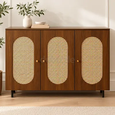 Three-Door Rattan Front Sideboard / Console Cabinet - Dark Wood Finish