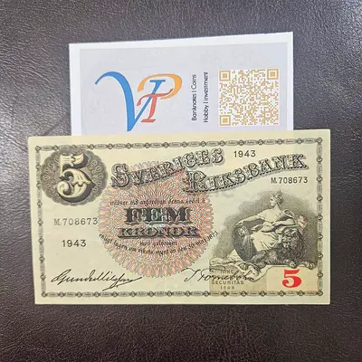 Vintage 1943 Sveriges Riksbank 5 Kronor Banknote – Good Collectible Condition