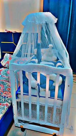 White Wooden Baby Crib with Canopy and Mattress - Good Condition