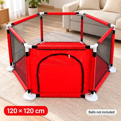Baby Playpen 120 × 120 cm – Red & Black Hexagonal Design with Zipped Door