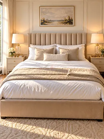 Comfortable Upholstered Bed – Thick Cushioned Headboard – Soft Beige Fabric