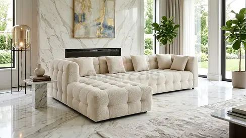 L-shaped tufted cream boucle sectional sofa - modern spacious design