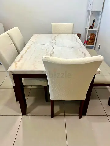 Solid Wood Dining Table with Marble Top and 4 Cream Chairs with one side sit out