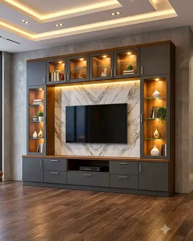 Large Modern TV Entertainment Unit with Display Cabinets