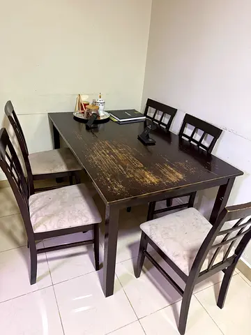 Wooden Dining Table with 6 Chairs - Dark Finish (Well Used)