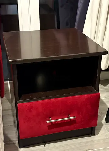 2X Dark wood bedside table with red velvet drawer - good condition