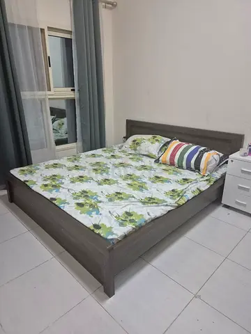 King wooden bed with mattress - grey finish (good condition)