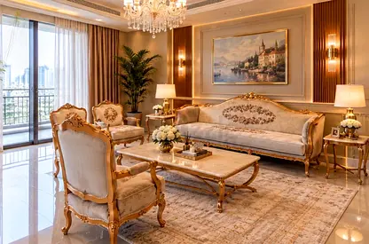 Classic Gold-Trim Sofa Set with Marble Coffee Table and two side marble tables