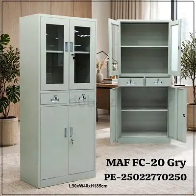 Metal Office Storage Cabinet with Glass Upper Doors & Lockable Drawers - Grey