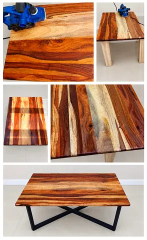 Solid Sheesham Wood Coffee Table with Metal Base - Rustic Striped Top
