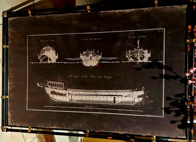 Vintage Ship Original Nautical Schenatic Painting On a Solid Metal Plate in a Solid Metal Frame.